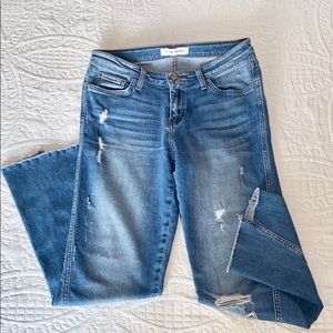 Mid Rise crop flare ripped distressed jeans denim